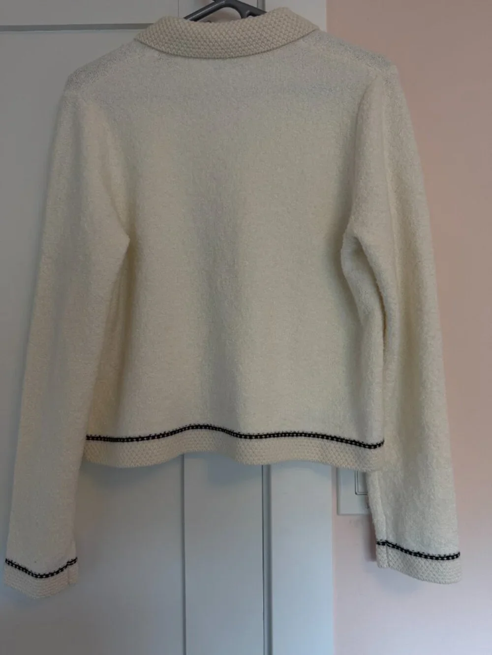 J Crew Sweater Jacket Cardigan Crocheted Collar Contrast Stitching Off White M